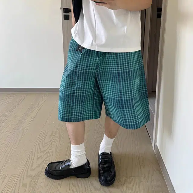 拾个壹先生 日系复古格子宽松直筒百搭五分裤潮休闲短裤 男女同款