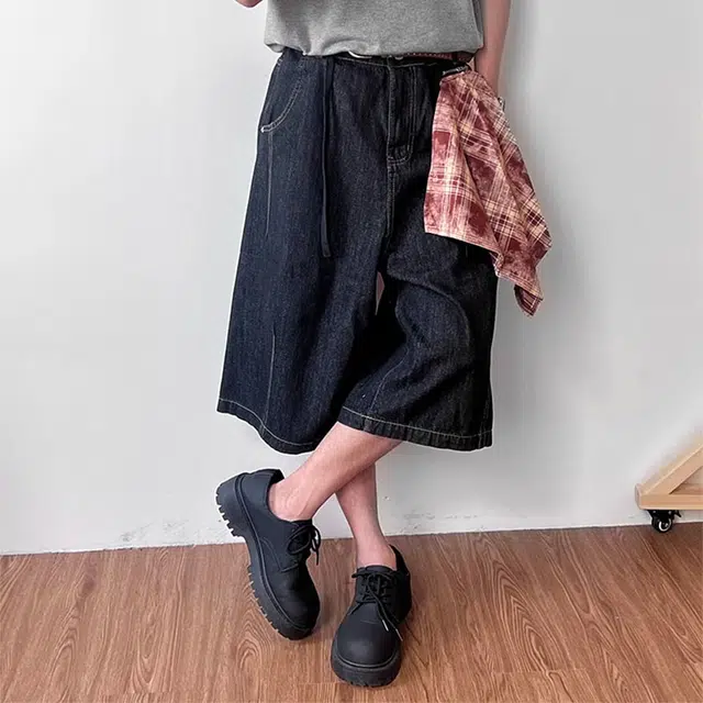 拾个壹先生 美式复古丹宁七分格纹阔腿牛仔短裤 男女同款