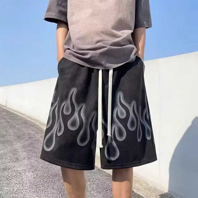 拾个壹先生 美式复古篮球运动火焰印花宽松麂皮绒五分休闲短裤 男女同款