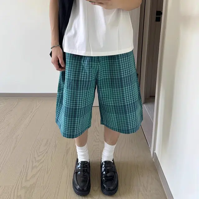 拾个壹先生 日系复古格子宽松直筒百搭五分裤潮休闲短裤 男女同款