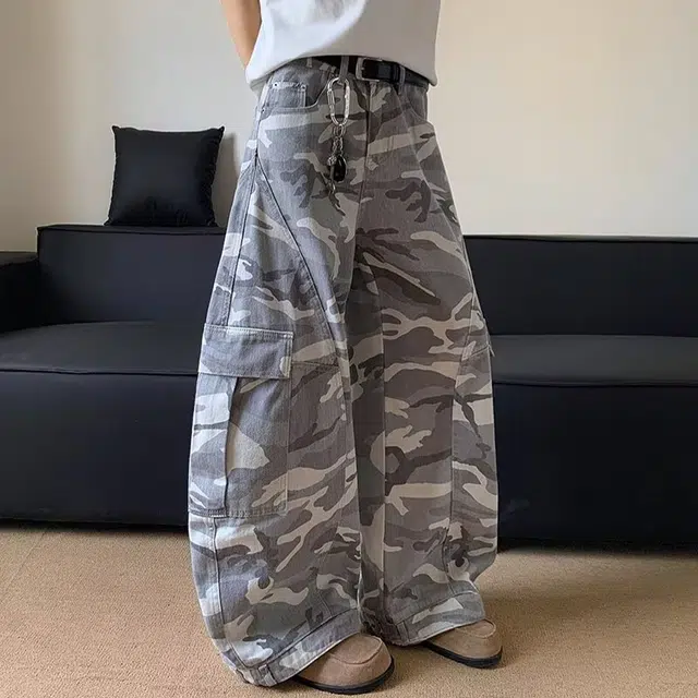 拾个壹先生 美式高街灰白迷彩水洗阔腿弯刀潮流宽松休闲百搭工装裤 男女同款
