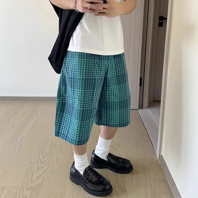 拾个壹先生 日系复古格子宽松直筒百搭五分裤潮休闲短裤 男女同款