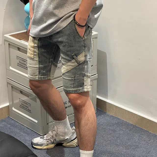 拾个壹先生 高街痞帅拼接绑带重工设计补丁修身个性牛仔短裤 男女同款