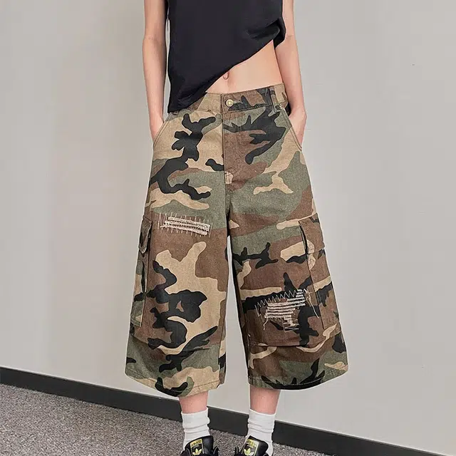 拾个壹先生 美式复古破洞补丁迷彩休闲宽松百搭七分裤牛仔短裤 男女同款