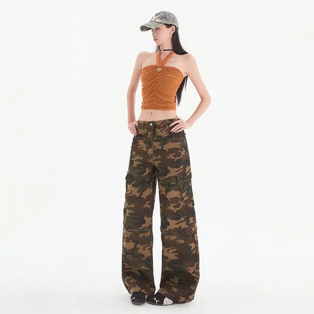 拾个壹先生 高街风迷彩高腰工装直筒休闲阔腿牛仔裤 男女同款