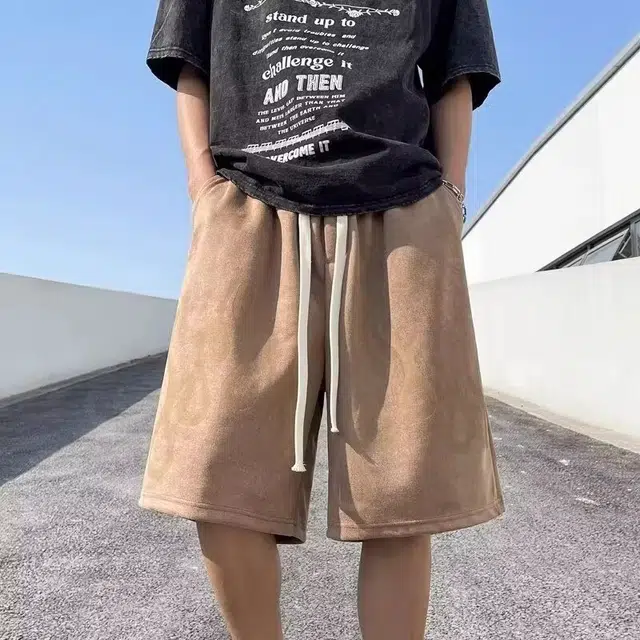 拾个壹先生 美式复古篮球运动火焰印花宽松麂皮绒五分休闲短裤 男女同款