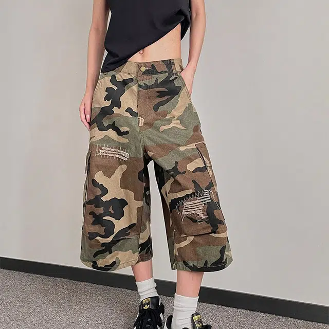 拾个壹先生 美式复古破洞补丁迷彩休闲宽松百搭七分裤牛仔短裤 男女同款