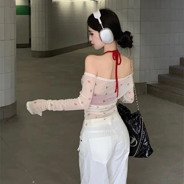 依钗 法式甜美纯欲露肩挂脖修身长袖上衣休闲套装 女款