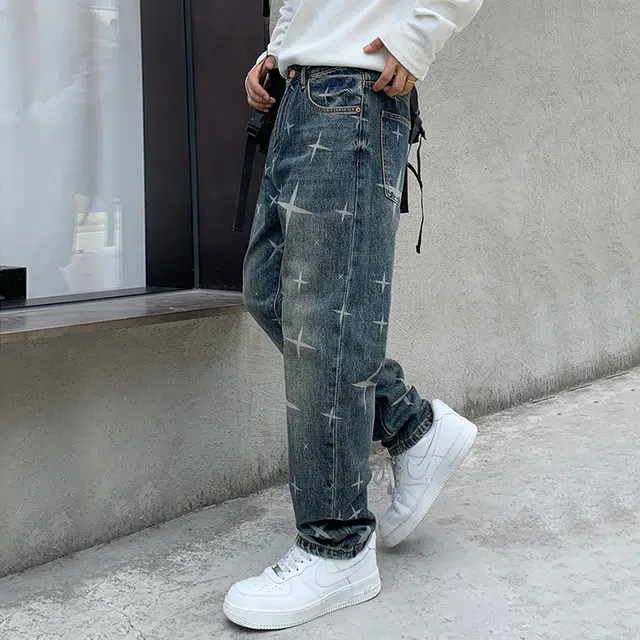 吉肯蒂 高端美式复古星光印花牛仔裤男春秋潮牌宽松直筒长裤 男款