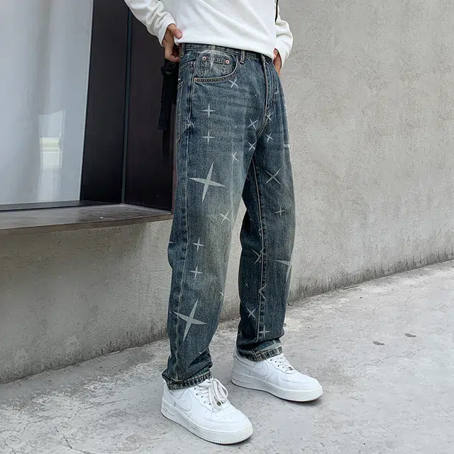 吉肯蒂 高端美式复古星光印花牛仔裤男春秋潮牌宽松直筒长裤 男款