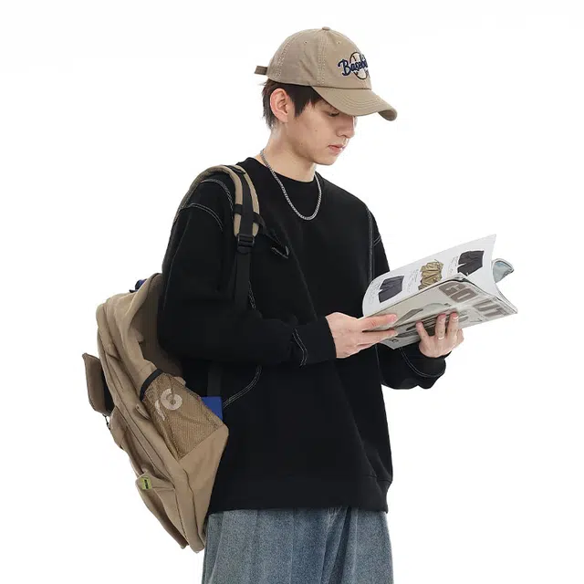 吉肯蒂 潮牌圆领卫衣明线设计潮流宽松纯色街头百搭休闲上衣 男款
