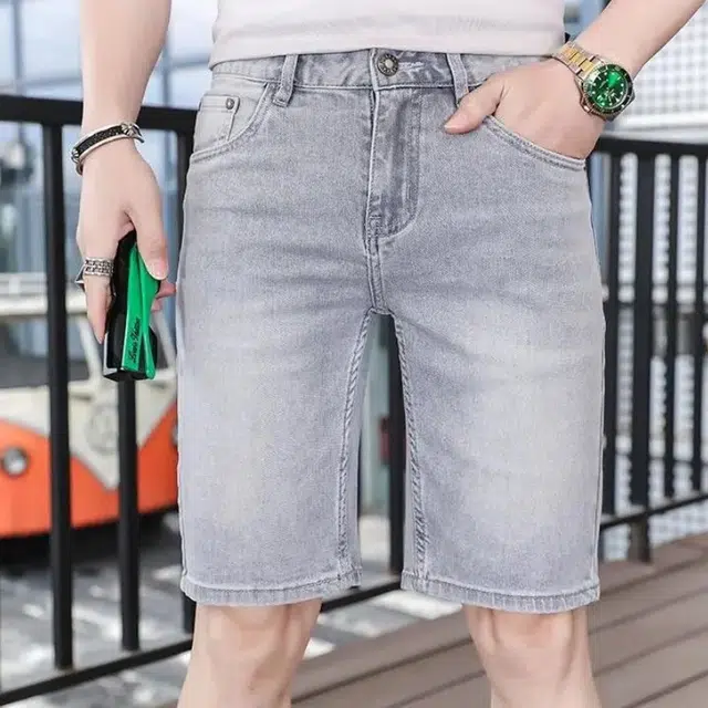 吉肯蒂 薄款浅灰色弹力男士轻奢高端中裤牛仔短裤 男款