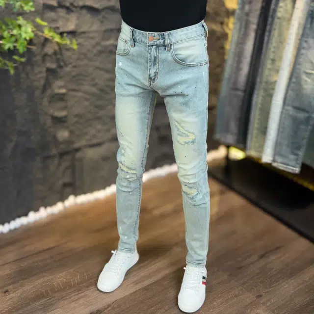 吉肯蒂 薄款破洞潮流时尚子休闲百搭泼墨浅色长裤牛仔裤 男款