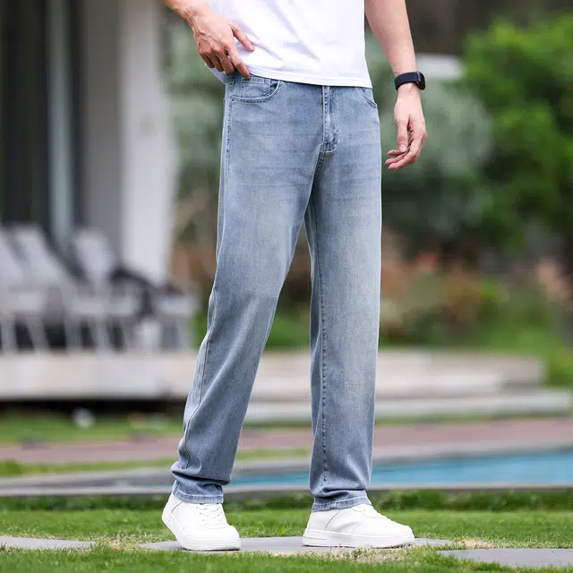 吉肯蒂 浅色天丝牛仔裤男夏季超薄款冰丝阔腿宽松长裤男士高端直筒裤子 男款