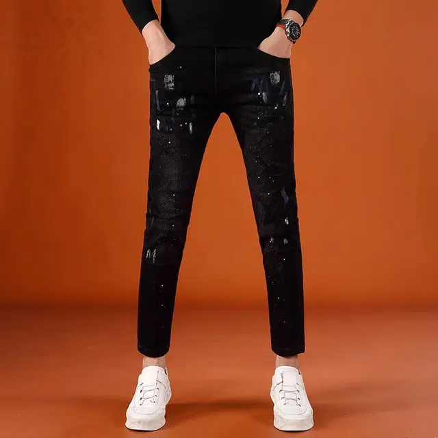 吉肯蒂 潮牌男士韩版破洞补丁男裤秋季款小脚裤牛仔裤 男款
