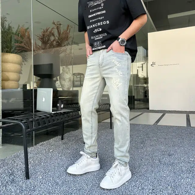 吉肯蒂 流行复古夏季水洗简约男痞帅青年个性韩版修身牛仔裤 男款