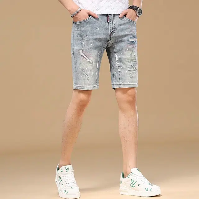 吉肯蒂 欧货破洞牛仔短裤男弹力夏季薄款潮牌刺绣韩版修身五分裤 男款