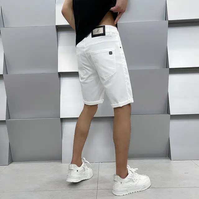 吉肯蒂 欧美高端潮牌简约白色轻奢男士五分修身小直筒牛仔短裤 男款