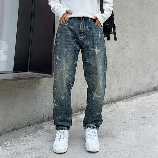 吉肯蒂 高端美式复古星光印花牛仔裤男春秋潮牌宽松直筒长裤 男款