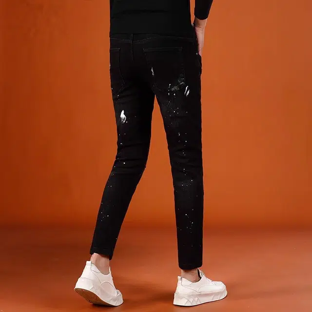 吉肯蒂 潮牌男士韩版破洞补丁男裤秋季款小脚裤牛仔裤 男款