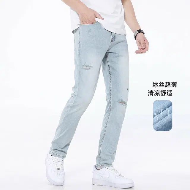 吉肯蒂 高端长裤薄款浅色休闲修身小脚裤子牛仔裤 男款