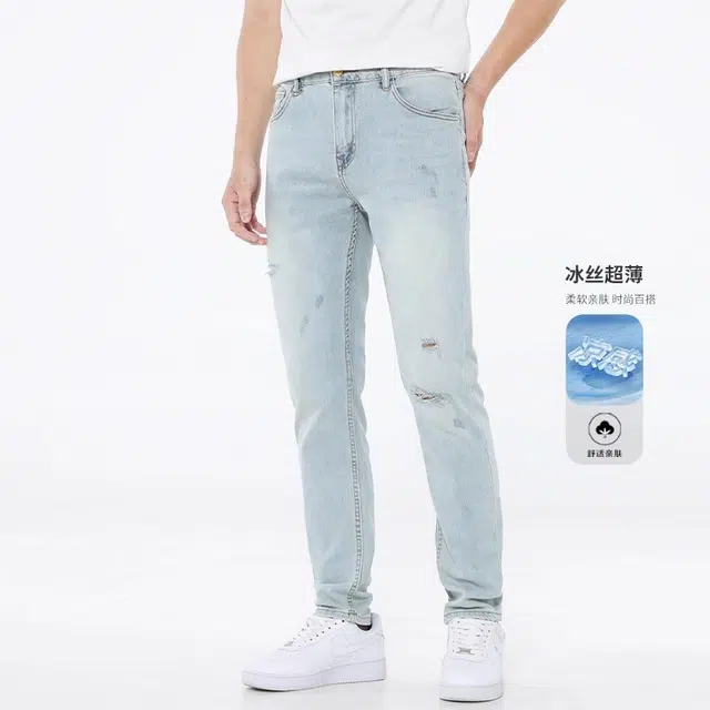 吉肯蒂 高端长裤薄款浅色休闲修身小脚裤子牛仔裤 男款