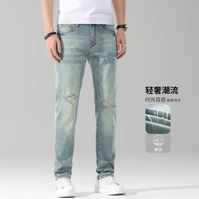 吉肯蒂 破洞浅色裤直筒潮牌高奢修身锥形裤子薄款牛仔裤 男款