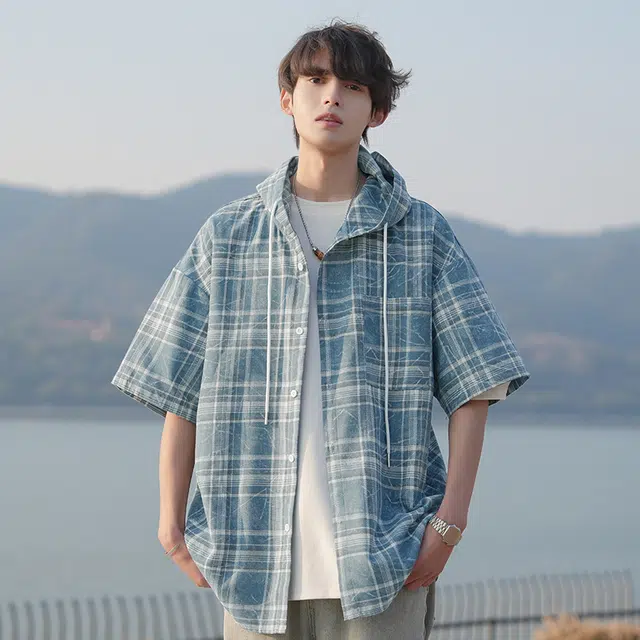 吉肯蒂 格子连帽潮牌痞帅时尚轻松简约短袖衬衫 男款