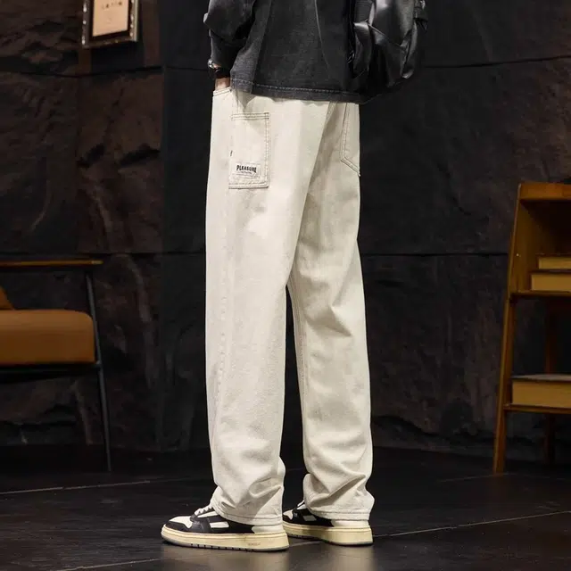 吉肯蒂 美式宽松直筒工装休闲牛仔裤 男款 米白色