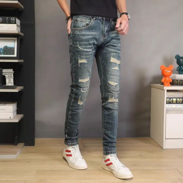 吉肯蒂 潮牌修身小脚裤复古弹力时尚潮流男士长裤子牛仔裤 男款