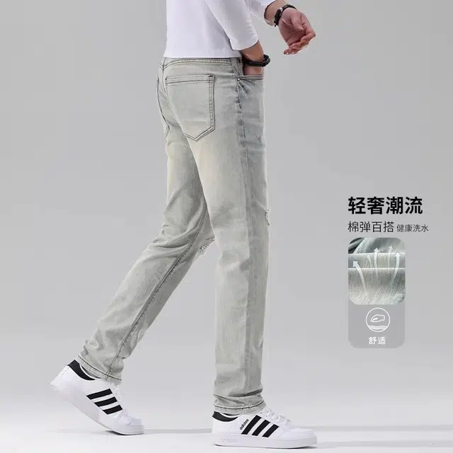 吉肯蒂 高端破洞裤修身小脚新浅蓝色休闲弹力韩版裤子牛仔裤 男款