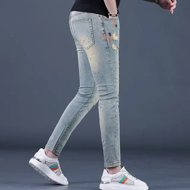吉肯蒂 高端破洞印花九分裤修身小脚弹力紧身裤子牛仔裤 男款