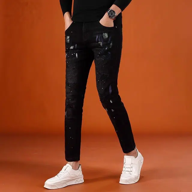 吉肯蒂 潮牌男士韩版破洞补丁男裤秋季款小脚裤牛仔裤 男款