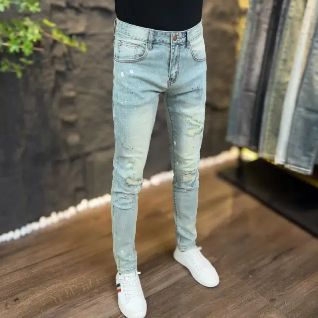 吉肯蒂 薄款破洞潮流时尚子休闲百搭泼墨浅色长裤牛仔裤 男款