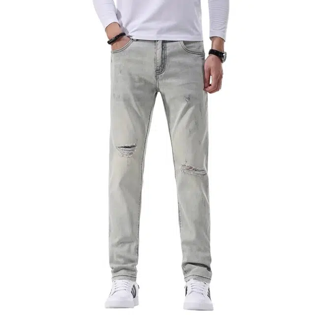 吉肯蒂 高端破洞裤修身小脚新浅蓝色休闲弹力韩版裤子牛仔裤 男款