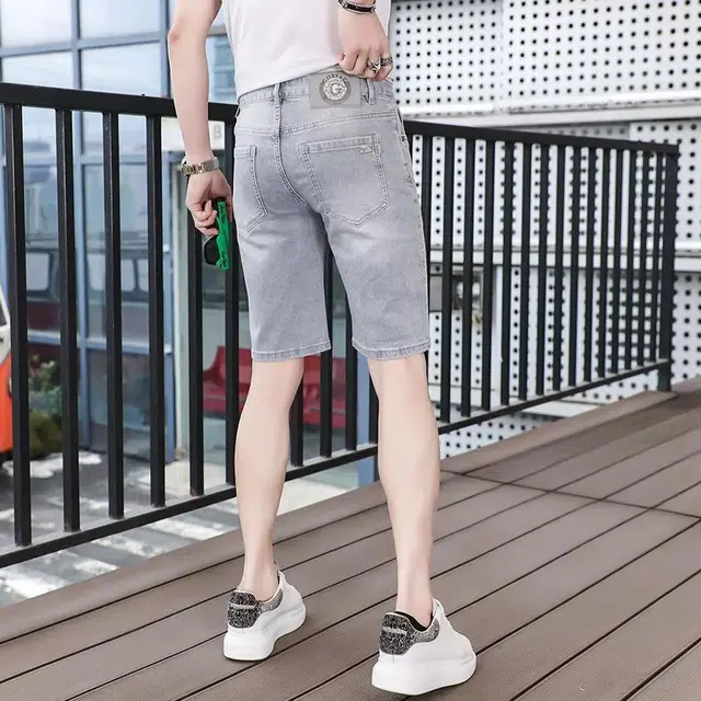 吉肯蒂 薄款浅灰色弹力男士轻奢高端中裤牛仔短裤 男款