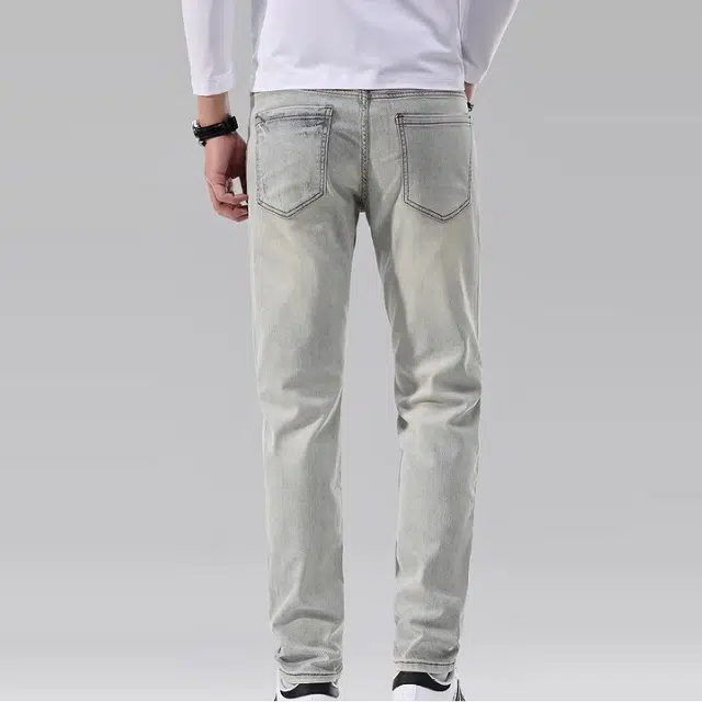 吉肯蒂 高端破洞裤修身小脚新浅蓝色休闲弹力韩版裤子牛仔裤 男款