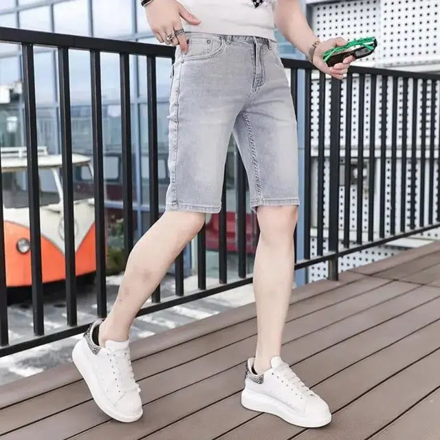 吉肯蒂 薄款浅灰色弹力男士轻奢高端中裤牛仔短裤 男款