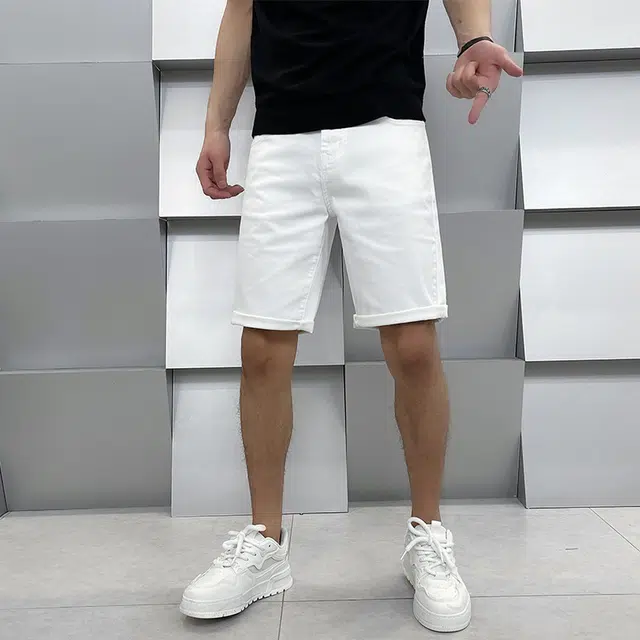 吉肯蒂 欧美高端潮牌简约白色轻奢男士五分修身小直筒牛仔短裤 男款