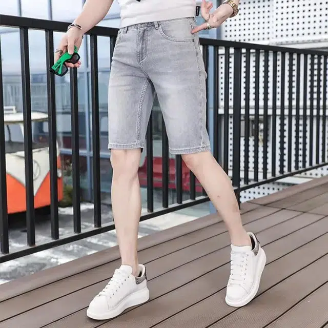 吉肯蒂 薄款浅灰色弹力男士轻奢高端中裤牛仔短裤 男款