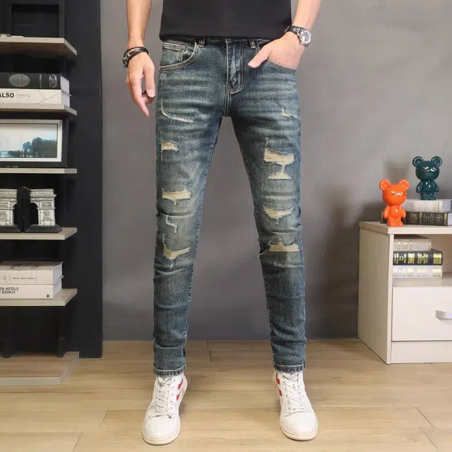 吉肯蒂 潮牌修身小脚裤复古弹力时尚潮流男士长裤子牛仔裤 男款