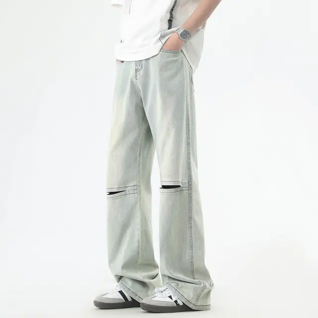 永言 膝部舒适时尚潮牌双色时尚流行裤新奇设计复古美式牛仔裤 男女同款