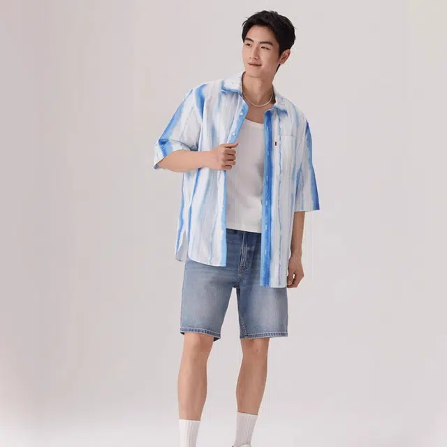 永言 复古小众彩色条纹设计感宽松度假外搭衬衣夏季短袖衬衫 男女同款