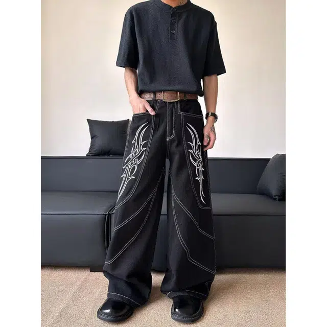 永言 美式潮流宽松直筒牛仔裤 男女同款