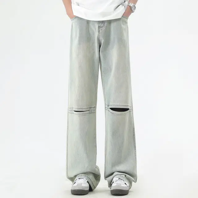 永言 膝部舒适时尚潮牌双色时尚流行裤新奇设计复古美式牛仔裤 男女同款