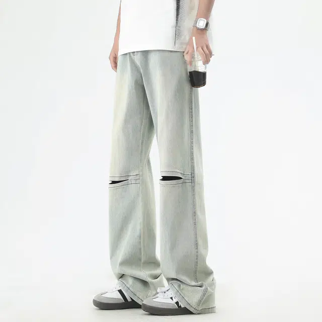 永言 膝部舒适时尚潮牌双色时尚流行裤新奇设计复古美式牛仔裤 男女同款