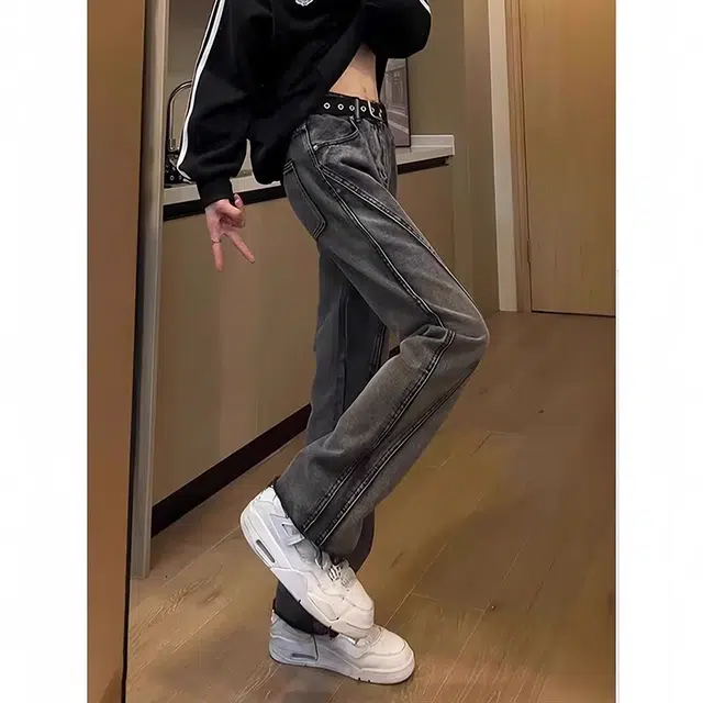 永言 复古美式拼接毛边时尚流行潮牌牛仔裤 男女同款
