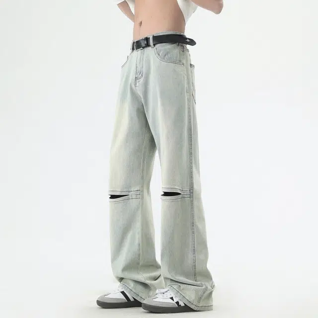 永言 膝部舒适时尚潮牌双色时尚流行裤新奇设计复古美式牛仔裤 男女同款