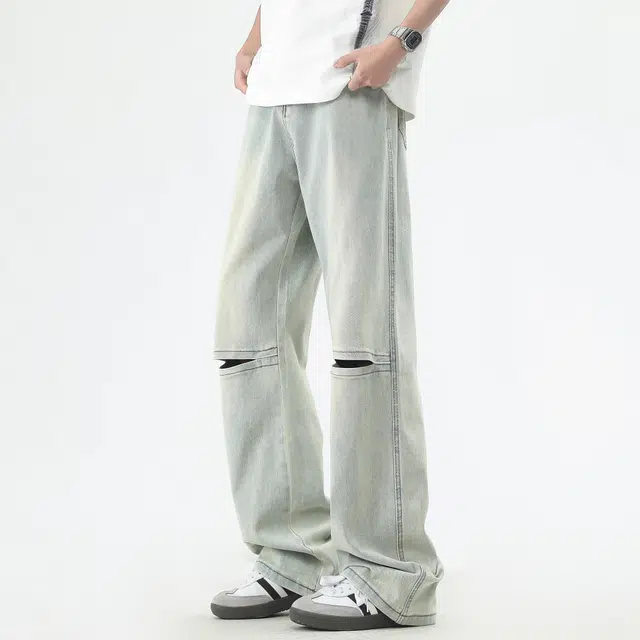 永言 膝部舒适时尚潮牌双色时尚流行裤新奇设计复古美式牛仔裤 男女同款