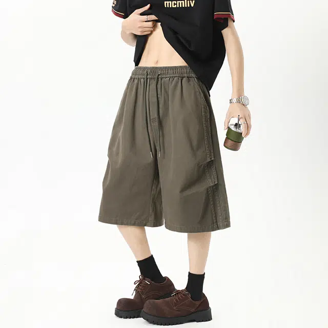 永言 美式潮牌工装五分男夏设计感复古拼接裤子高街直筒阔腿中裤休闲短裤 男女同款